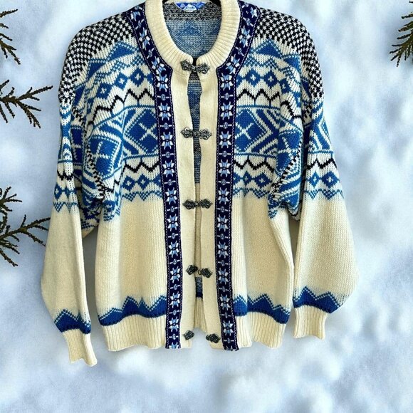 Scan Alp New Zealand Vintage Nordic Fair Isle 100% Wool Cardigan Sweater Pewter - Picture 1 of 11